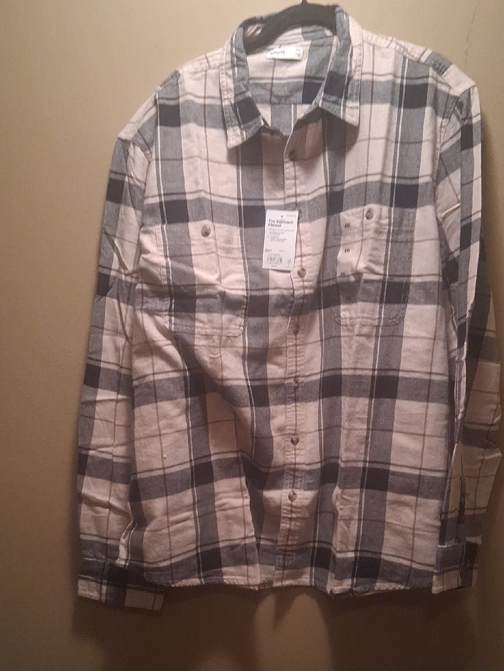 Sonoma Plaid Soft Flannel Button-Up Shirt in Cream and Navy XXL